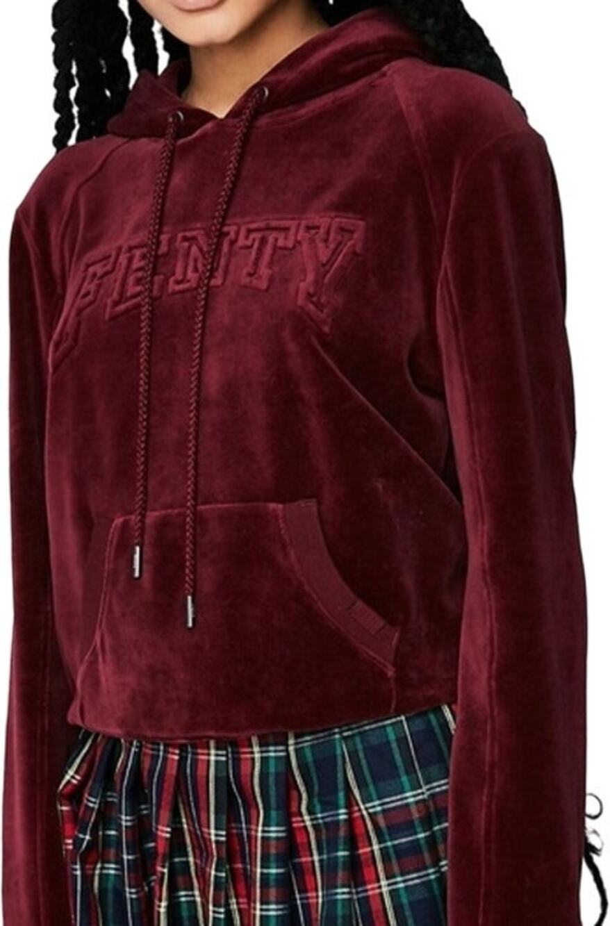 Puma by Rihanna Fenty Hoodie Cropped Sweatshirt Velour Drawstring Pullover Red S